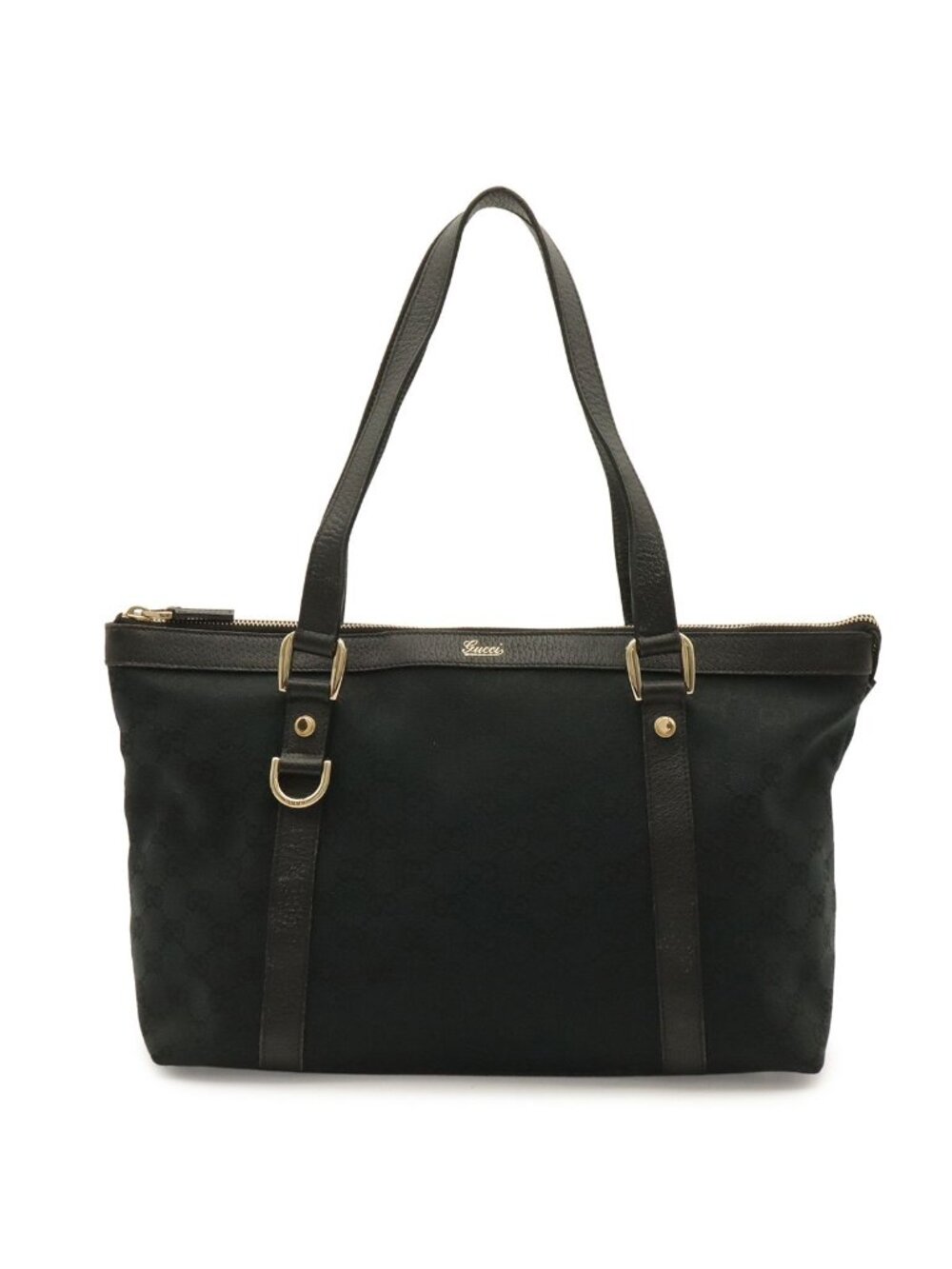 Gucci GG Canvas Abbey Shoulder Bag Tote Leather Black Gold